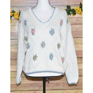 Vintage V-Neck Sweater Size L Chunky Knit Ivory Embroidered 3D Floral 90's Retro